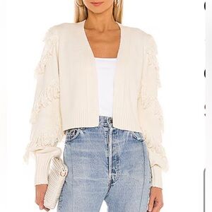 525 America Fringe Open Cream Cropped Cardigan with Puffy Sleeves